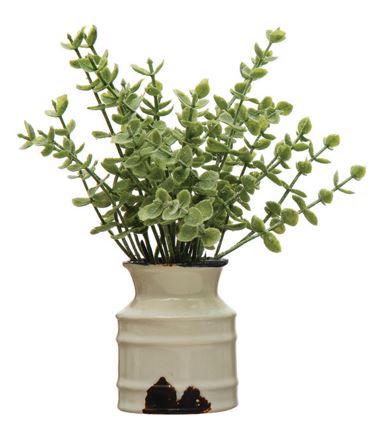 Faux Plant in Stoneware Pot - Distressed White Finish - 7-in - Mellow Monkey