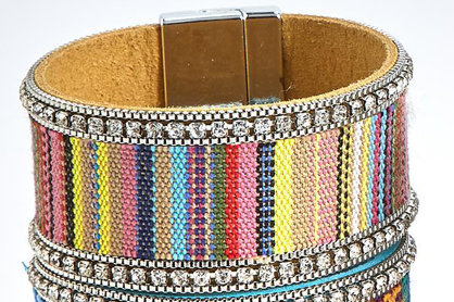 Linear Thinking Multicolor Stripe Print Magnetic Bracelet with Crystals - 1-1/4-in - Mellow Monkey