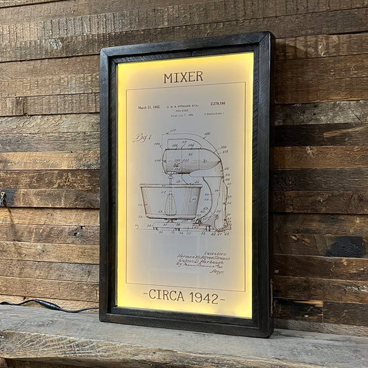 Lighted Vintage Patent Office Drawing - Kitchen Mixer Circa 1942 - Framed Shadowbox 20-in - Mellow Monkey