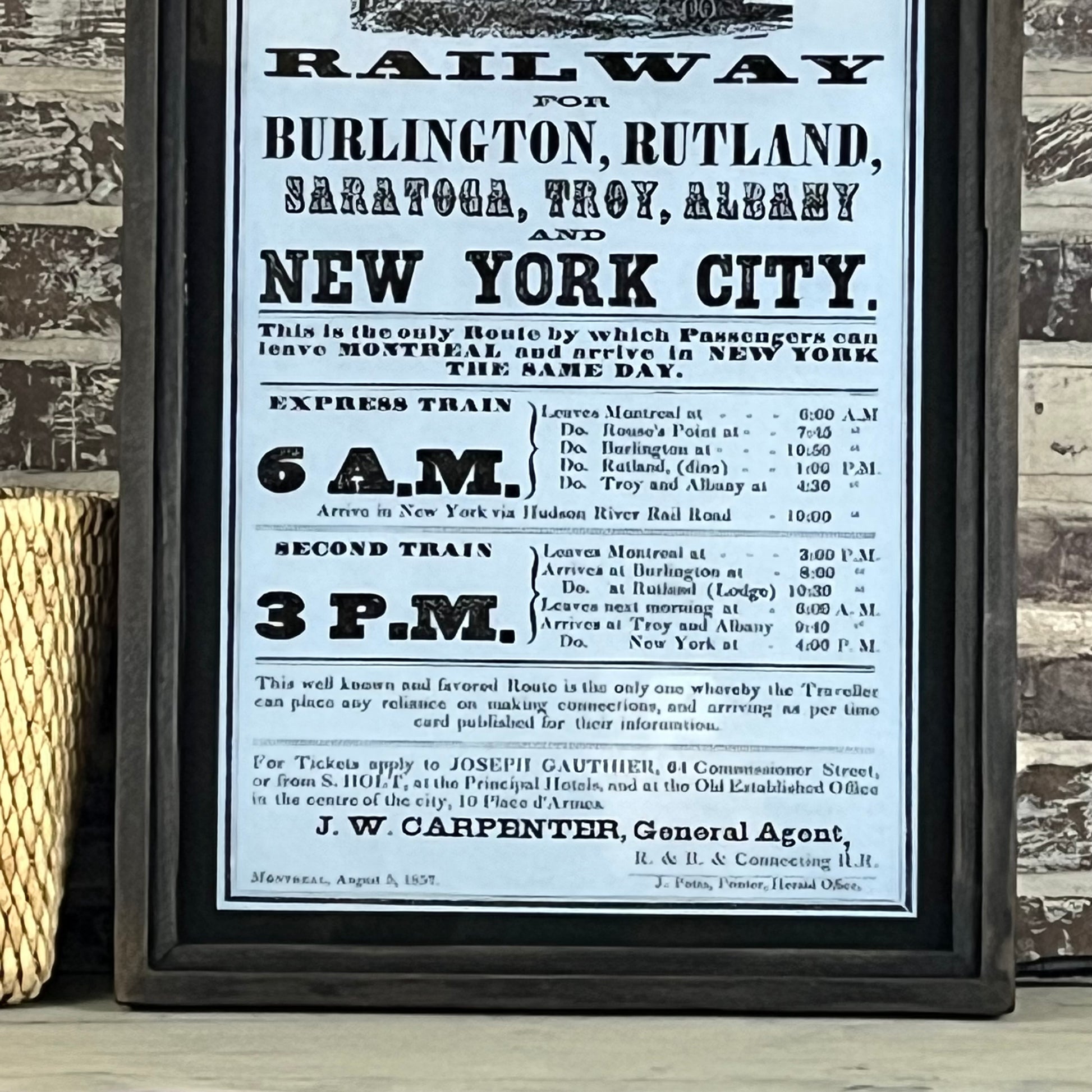 Lighted Vintage Summer Arrangements New York, Rutland And Burlington Railroad Advert Circa 1857 Framed Dark Brown Shadowbox - 29-1/2-in - Mellow Monkey
