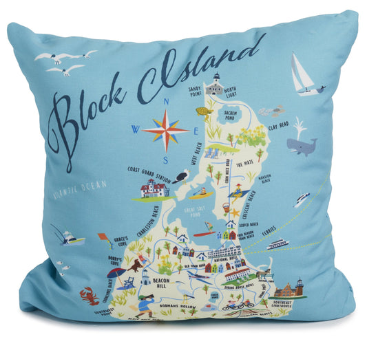 Block Island Map - Decorative Throw Pillow 18-in Square - Mellow Monkey