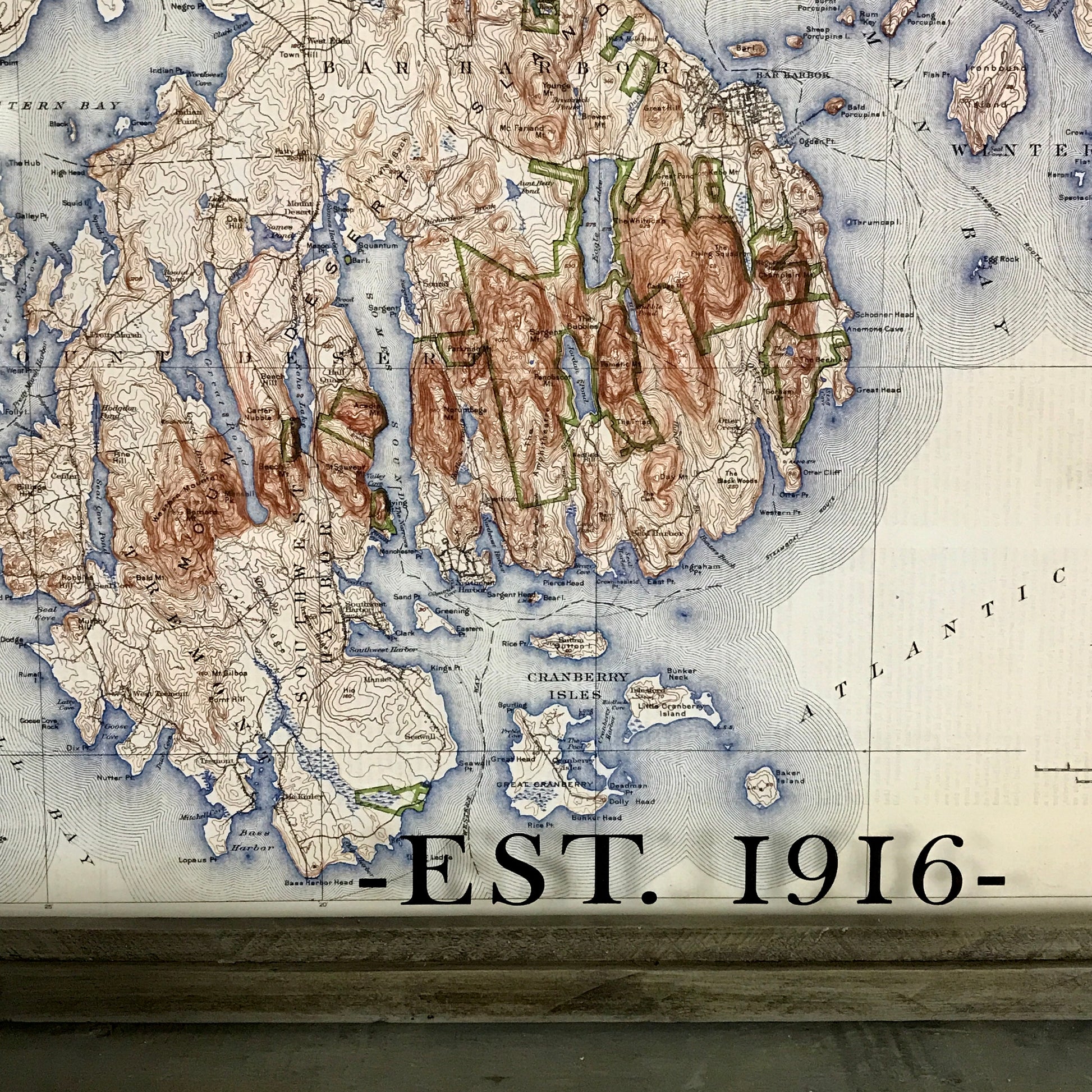 Acadia National Park Vintage Map Est. 1916 Framed Ash Gray Shadowbox - 25-5/8-in - Mellow Monkey