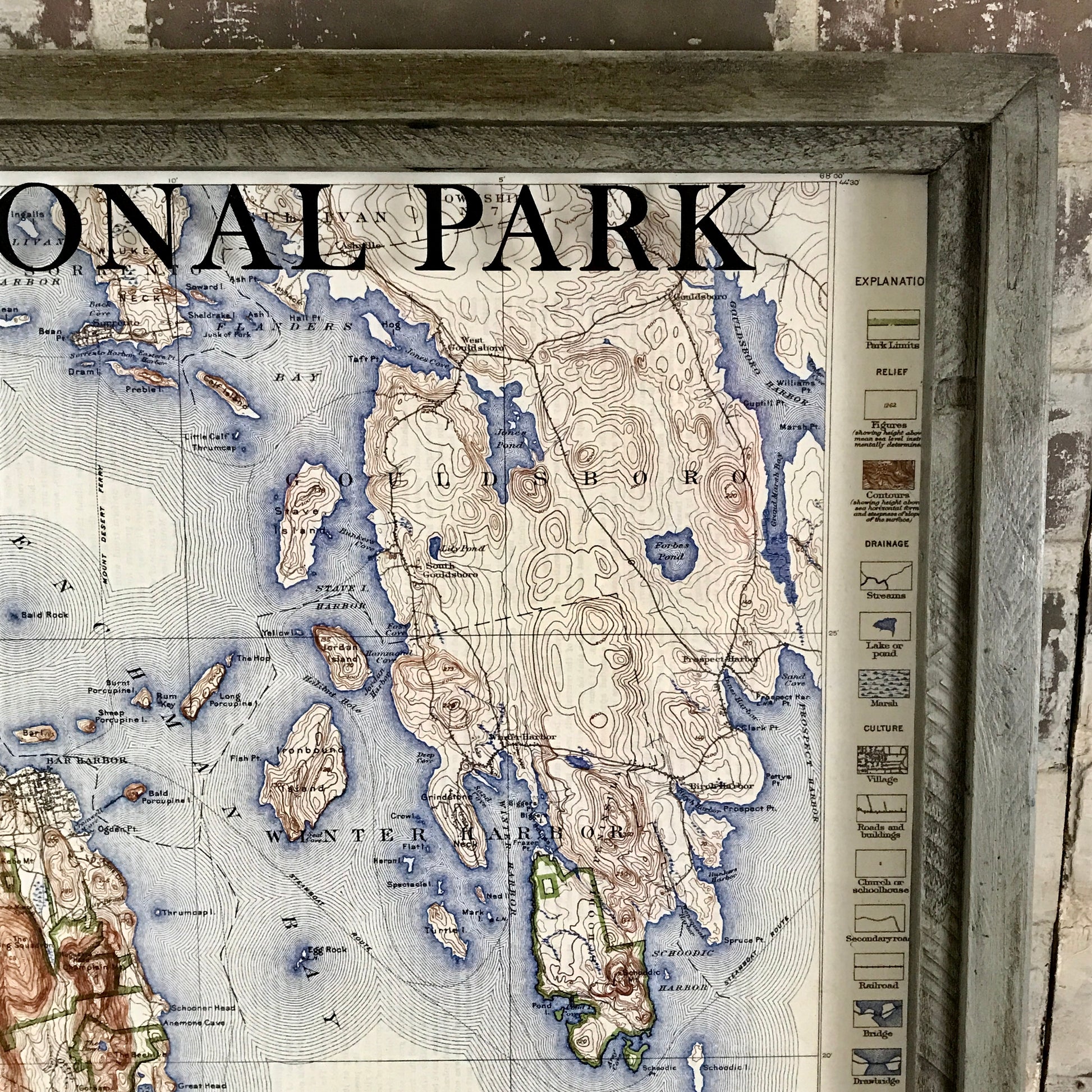 Acadia National Park Vintage Map Est. 1916 Framed Ash Gray Shadowbox - 25-5/8-in - Mellow Monkey