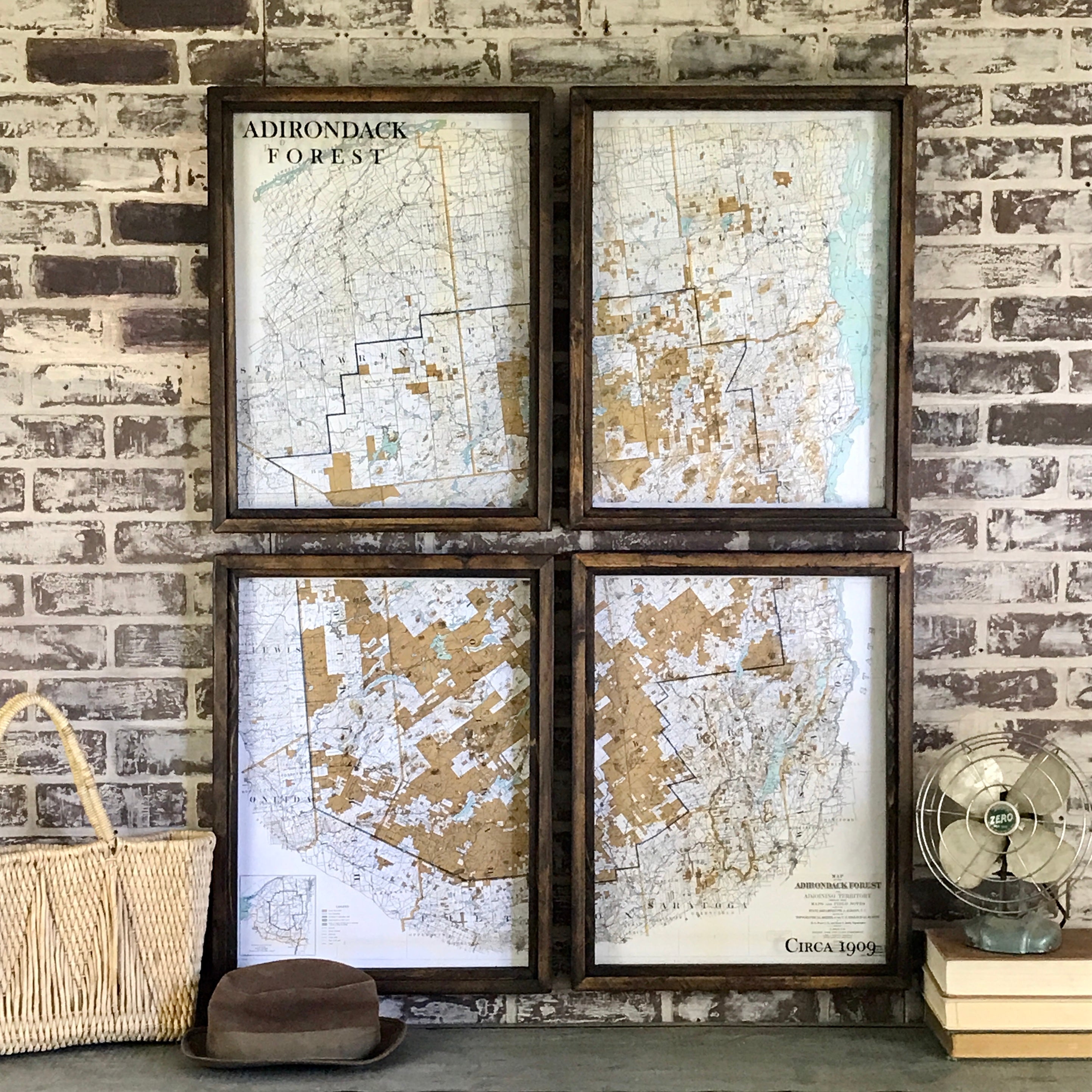 Quadtych Vintage Adirondack Park Wall Art in Reclaimed Wood Frame