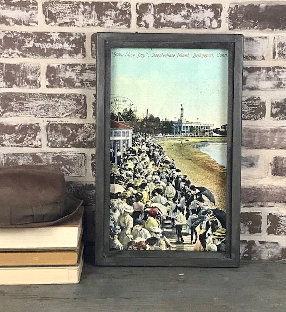 Baby Show Day - Steeplechase Island, (Pleasure Beach) Bridgeport Connecticut Post Card Reproduction - Framed Gray Wax Finish Shadowbox - 20-1/4-in - Mellow Monkey