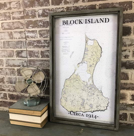 Block Island Map Circa 1914 Framed Ash Gray Shadowbox - 28-in - Mellow Monkey