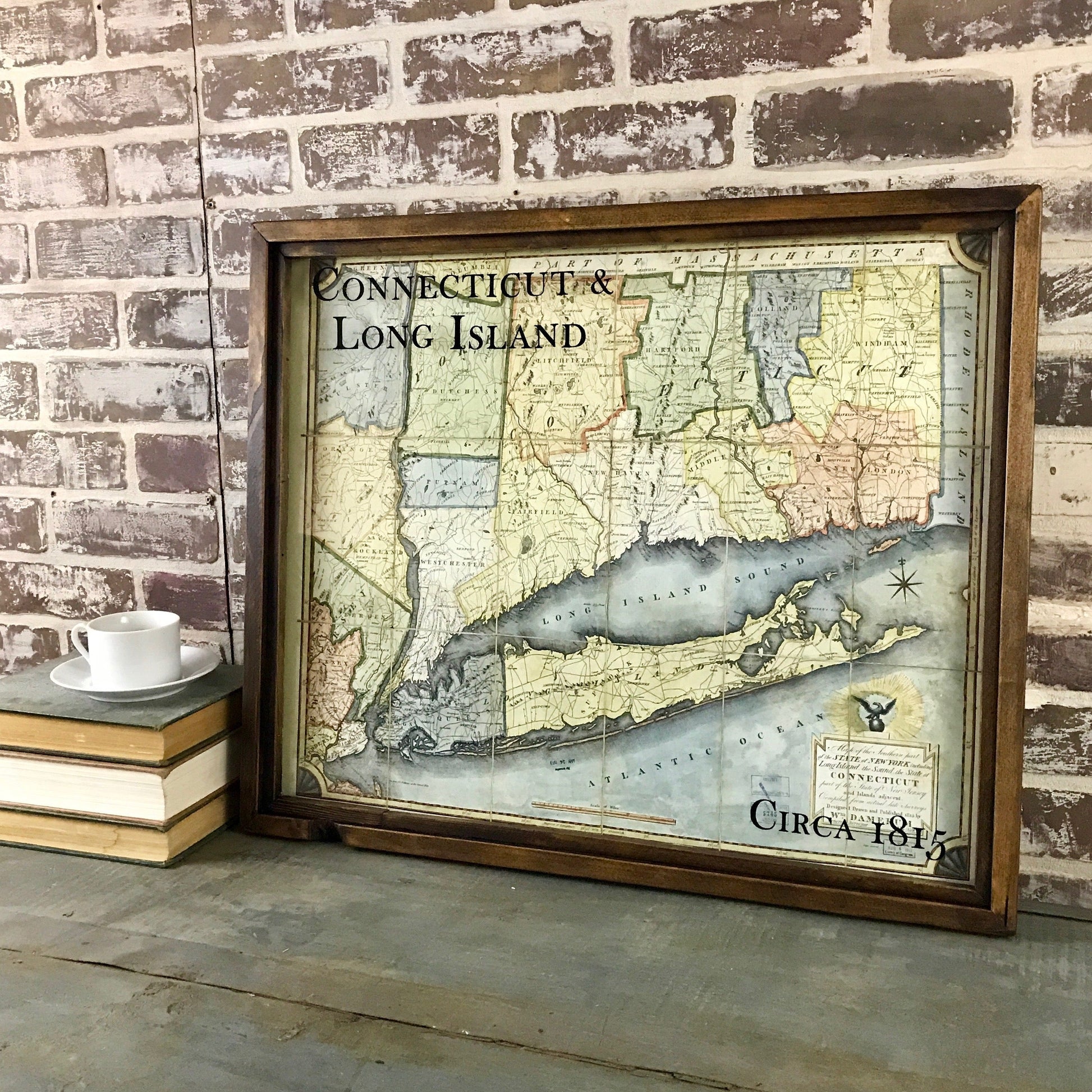 Connecticut and Long Island Map Circa 1815 Framed Brown Wax Shadowbox - 25-1/2 in - Mellow Monkey