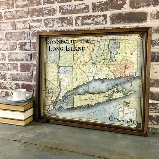 Connecticut and Long Island Map Circa 1815 Framed Brown Wax Shadowbox - 17-1/2 - Mellow Monkey