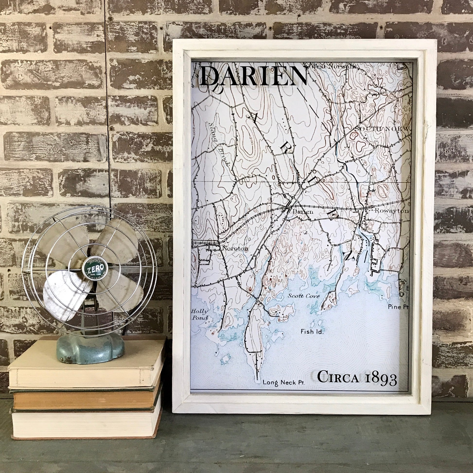 Vintage Darien Connecticut Map Circa 1893 Framed Whitewash Shadowbox 27-in - Mellow Monkey