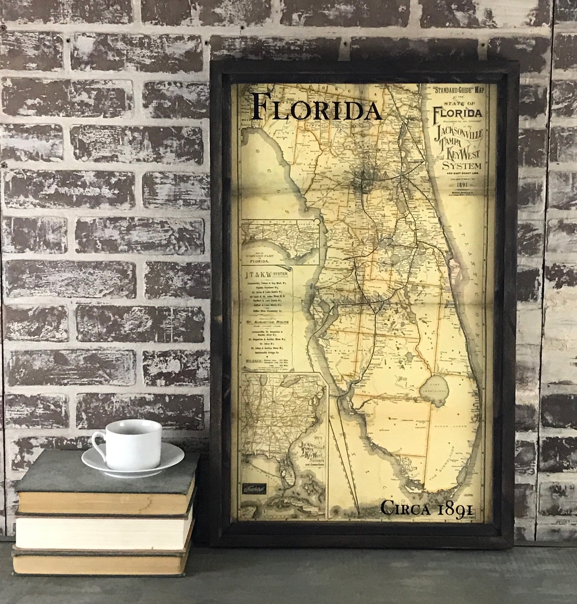 Florida Circa 1891 Vintage Map Framed Brown Wax Shadowbox - 29-1/2-in - Mellow Monkey