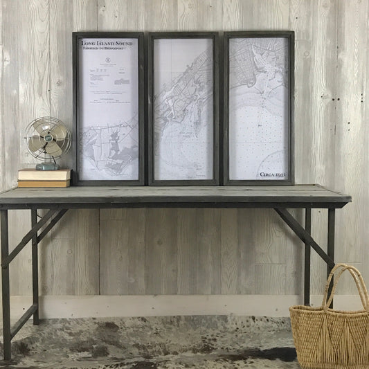 Long Island Sound Triptych - From Fairfield to Bridgeport - Framed Map Circa 1931 Grey Wax Shadowbox - 42-in - Mellow Monkey