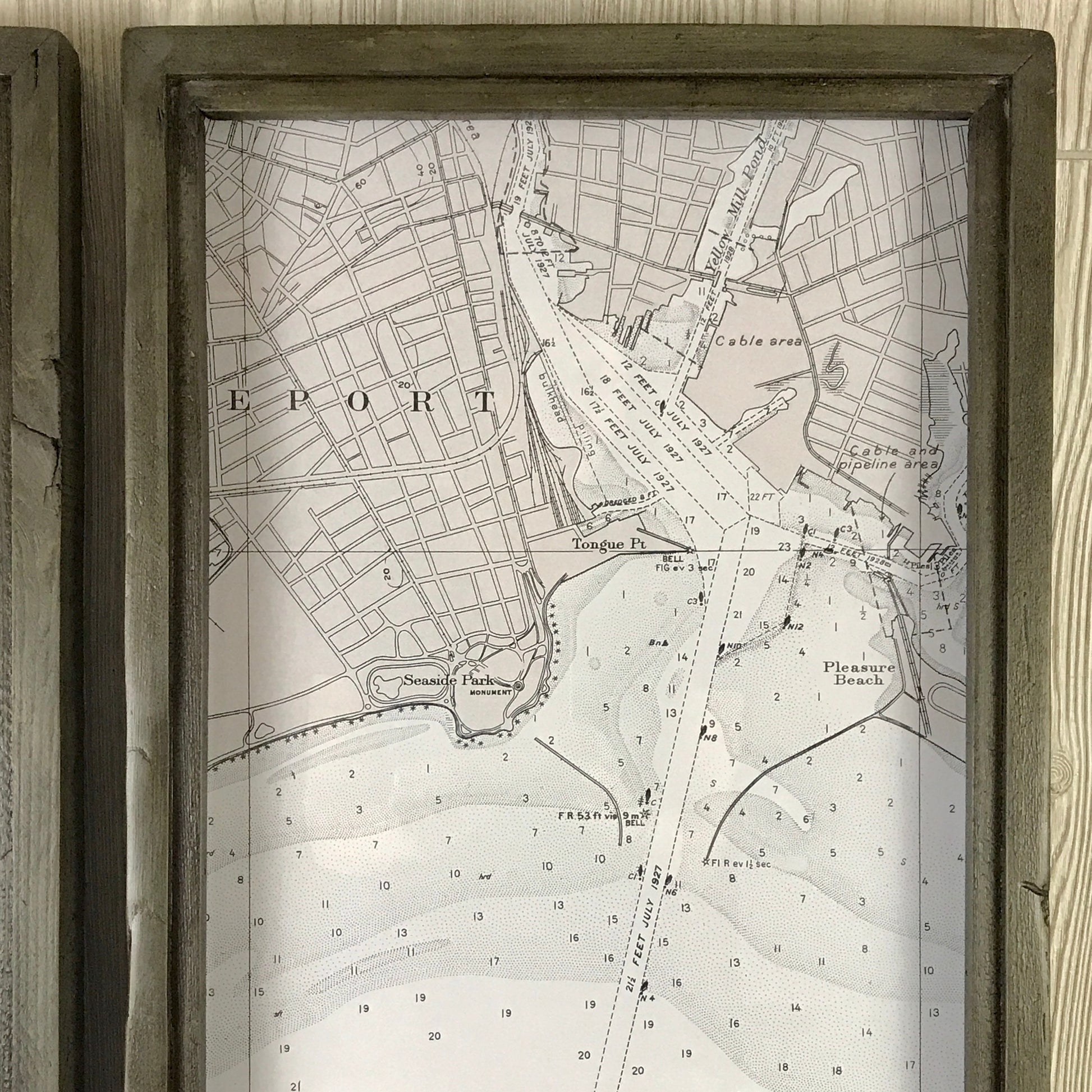 Long Island Sound Triptych - From Fairfield to Bridgeport - Framed Map Circa 1931 Grey Wax Shadowbox - 42-in - Mellow Monkey