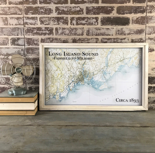 Long Island Sound - Fairfield Black Rock Bridgeport Stratford Milford Map Circa 1893 Framed White Wash Shadowbox - 21-in - Mellow Monkey