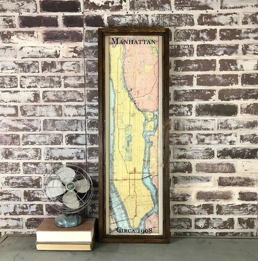 Vintage Manhattan NYC Map Circa 1908 Framed Shadowbox 37-1/2-in - Mellow Monkey