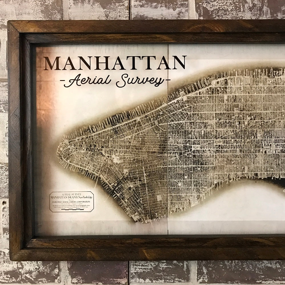 Vintage Aerial Manhattan Island (NYC) Photo Collage in Reclaimed Wood Frame - Brown - 52-in - Mellow Monkey