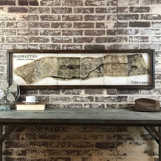 Vintage Aerial Manhattan Island (NYC) Photo Collage in Reclaimed Wood Frame - Brown - 52-in - Mellow Monkey