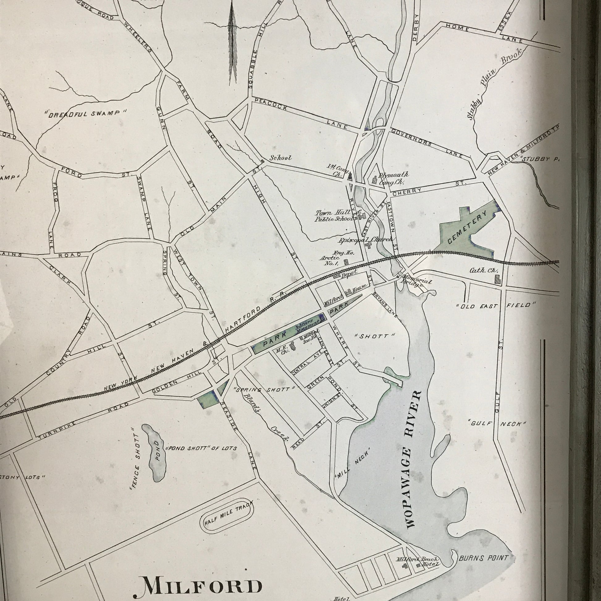 Vintage Milford Connecticut Map Circa 1893 Framed Gray Wax Shadowbox - Mellow Monkey