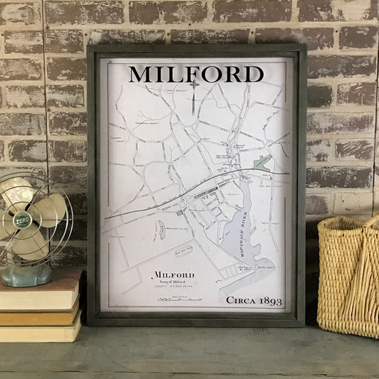 Vintage Milford Connecticut Map Circa 1893 Framed Gray Wax Shadowbox - Mellow Monkey