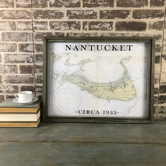 Nantucket Island Massachusetts Map Circa 1933 Framed Gray Shadowbox 26-1/2-in - Mellow Monkey