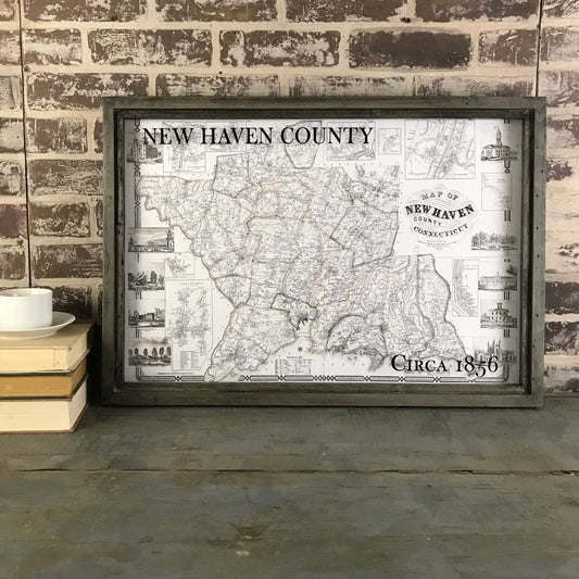 New Haven County Connecticut Vintage Map Circa 1856 Framed Gray/Brown Shadowbox - Mellow Monkey