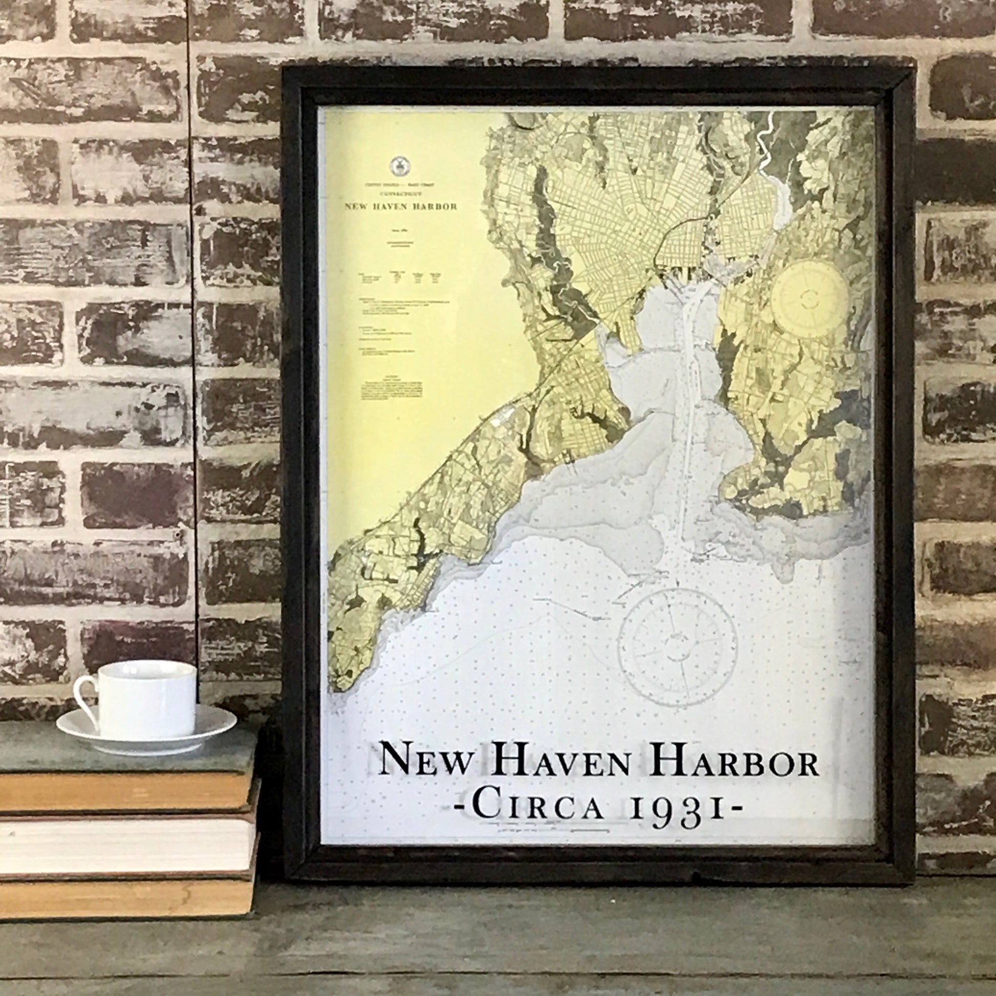 New Haven Harbor Map Circa 1931 Framed Black Wax Shadowbox  -26-1/2-in - Mellow Monkey