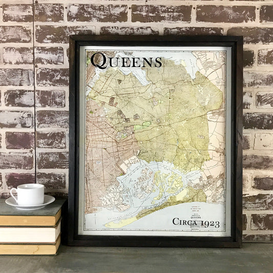 Vintage Map of Queens, New York Circa 1923 Dark Framed Shadowbox - 25-in - Mellow Monkey