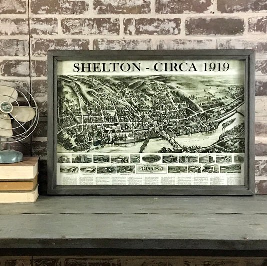 Vintage Shelton Map Reproduction Circa 1919 Framed Gray Waxed Shadowbox - 25-in - Mellow Monkey