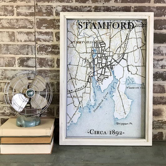 Stamford Connecticut Map Circa 1892 Framed White Wash Shadowbox - Mellow Monkey