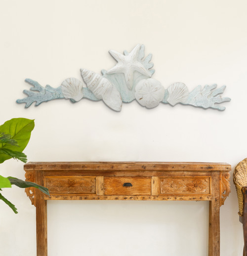Shell and Coral Swag Hand Carved Wood - Wall Art - White Wash/Aqua - 35-in - Mellow Monkey