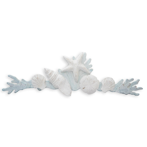 Shell and Coral Swag Hand Carved Wood - Wall Art - White Wash/Aqua - 35-in - Mellow Monkey