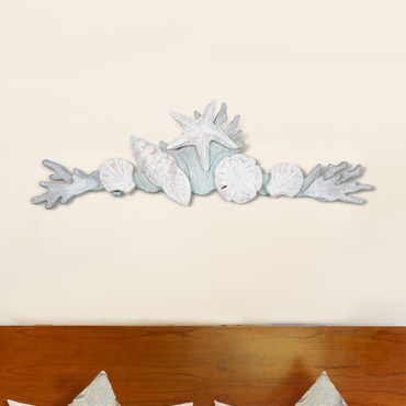 Shell and Coral Swag Hand Carved Wood - Wall Art - White Wash/Seafoam - 35-in - Mellow Monkey