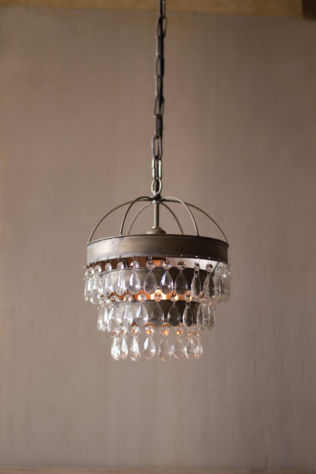 Metal Layered Pendant Lamp with Hanging Clear Glass Gems - 10-in - Mellow Monkey
