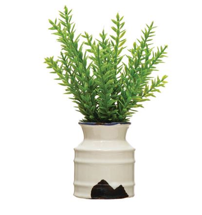 Faux Plant in Stoneware Pot - Distressed White Finish - 7-in - Mellow Monkey