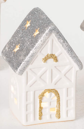 Ceramic LED House. Style is Silver roof. 3.5 inches high