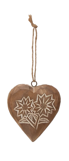 Mango Wood Heart Ornaments from India (Set of 4) - Zigzag Hearts