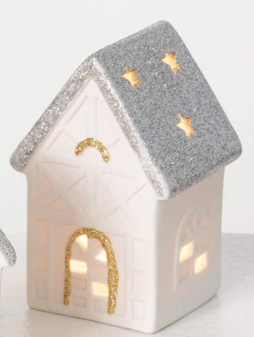 Ceramic LED House. Style is silver roof. 4 inches high