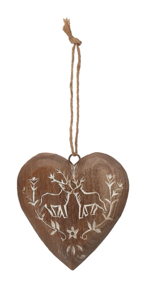 Hand-Carved Pine Wood Heart Ornament Flowers