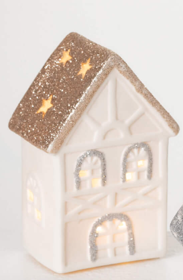 Ceramic LED House. Style Gold Roof. 4.5 inches high
