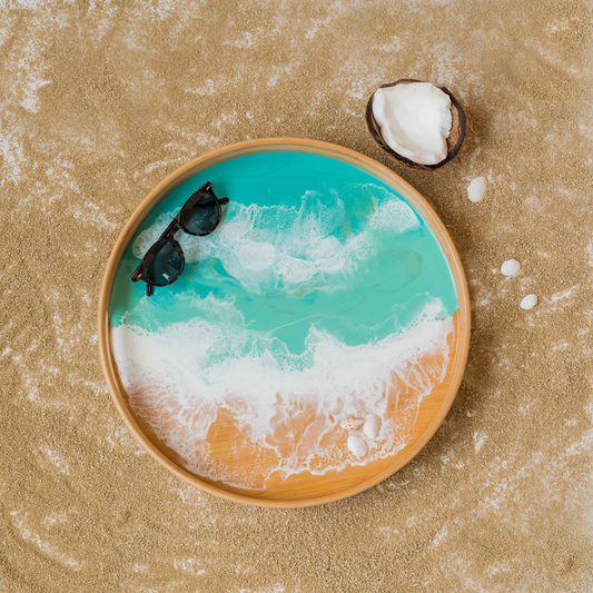 Round Resin Coated Bamboo Serving Tray - Caribbean Blue - 16-inch - Mellow Monkey