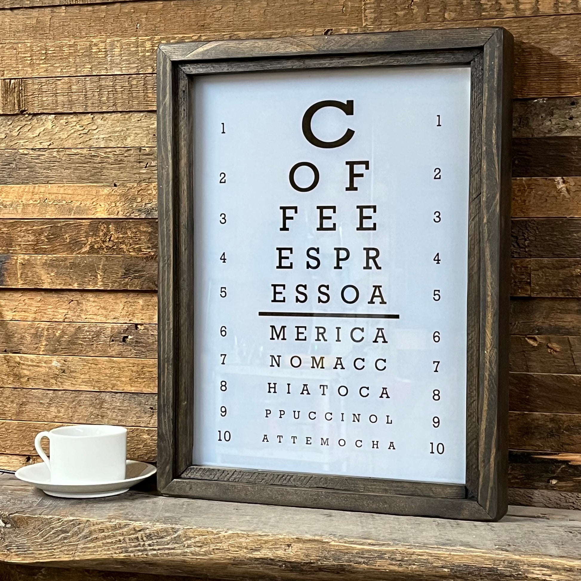 COFFEE Themed Lighted Optometrist Eye Chart Framed Shadowbox - 17-1/2-in - Mellow Monkey