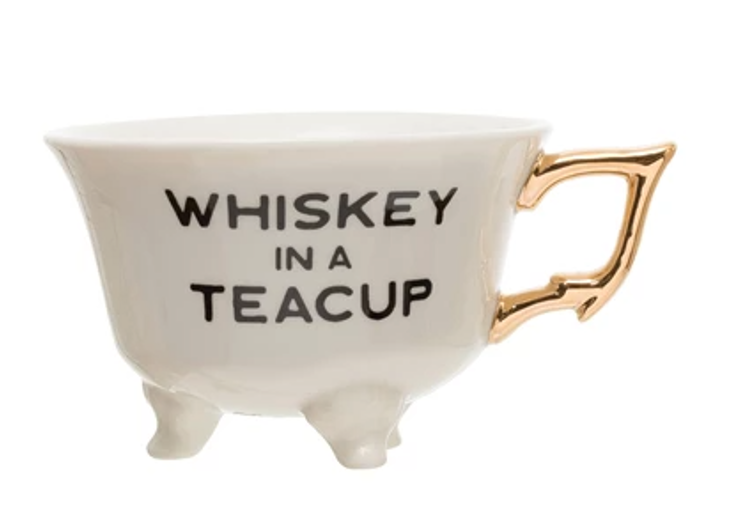 Whiskey In A Teacup - Footed Stoneware Teacup with Gold Electroplated Handle - 4-1/4-in - Mellow Monkey