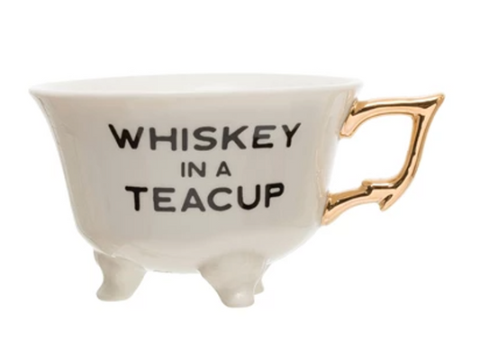 Whiskey In A Teacup - Footed Stoneware Teacup with Gold Electroplated Handle - 4-1/4-in - Mellow Monkey