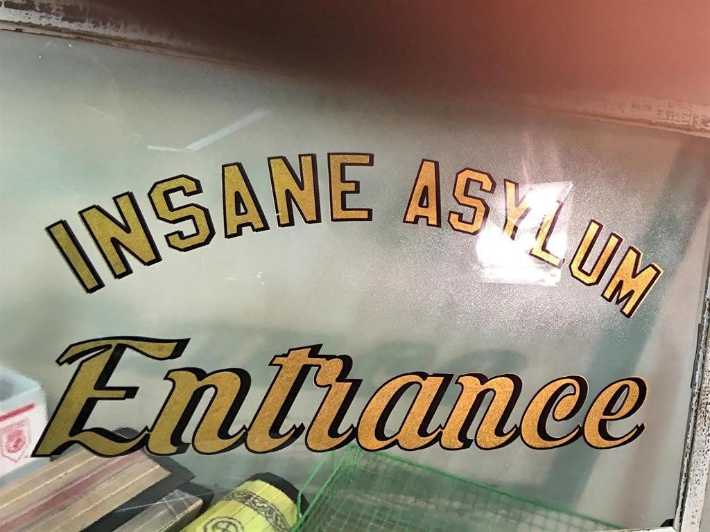 Vintage Framed "Insane Asylum Entrance" Glass Sign | Gold Lettering - 28-in - Mellow Monkey
