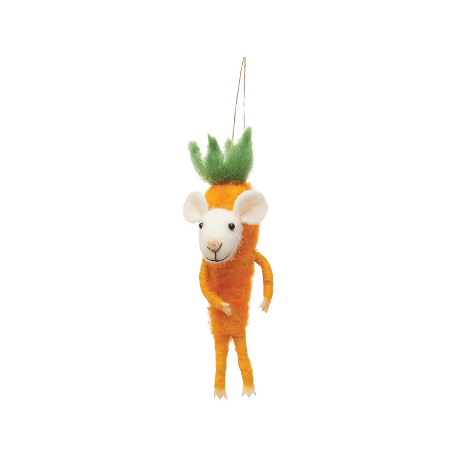 Wool Felt Mouse in Carrot Outfit Ornament - 6-1/2"H - Mellow Monkey