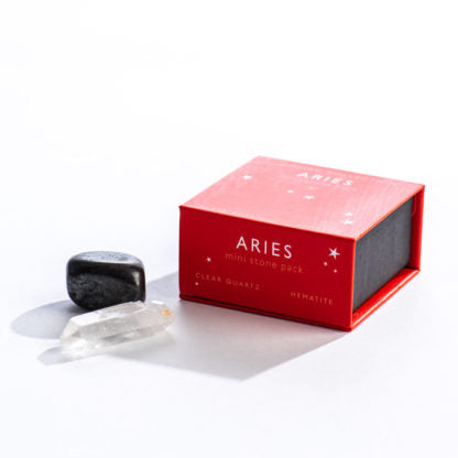 Aries Zodiac Mini Stone Pack - Clear Quartz and Hematite in Gift Box - Mellow Monkey