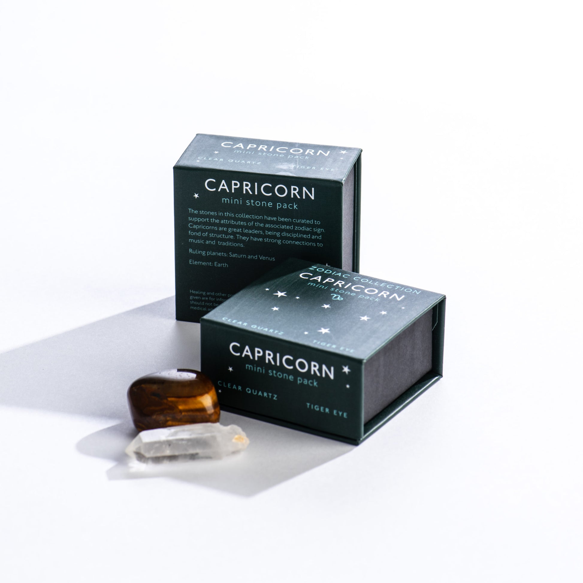 Capricorn Zodiac Mini Stone Pack - Clear Quartz and Tiger Eye in Gift Box - Mellow Monkey