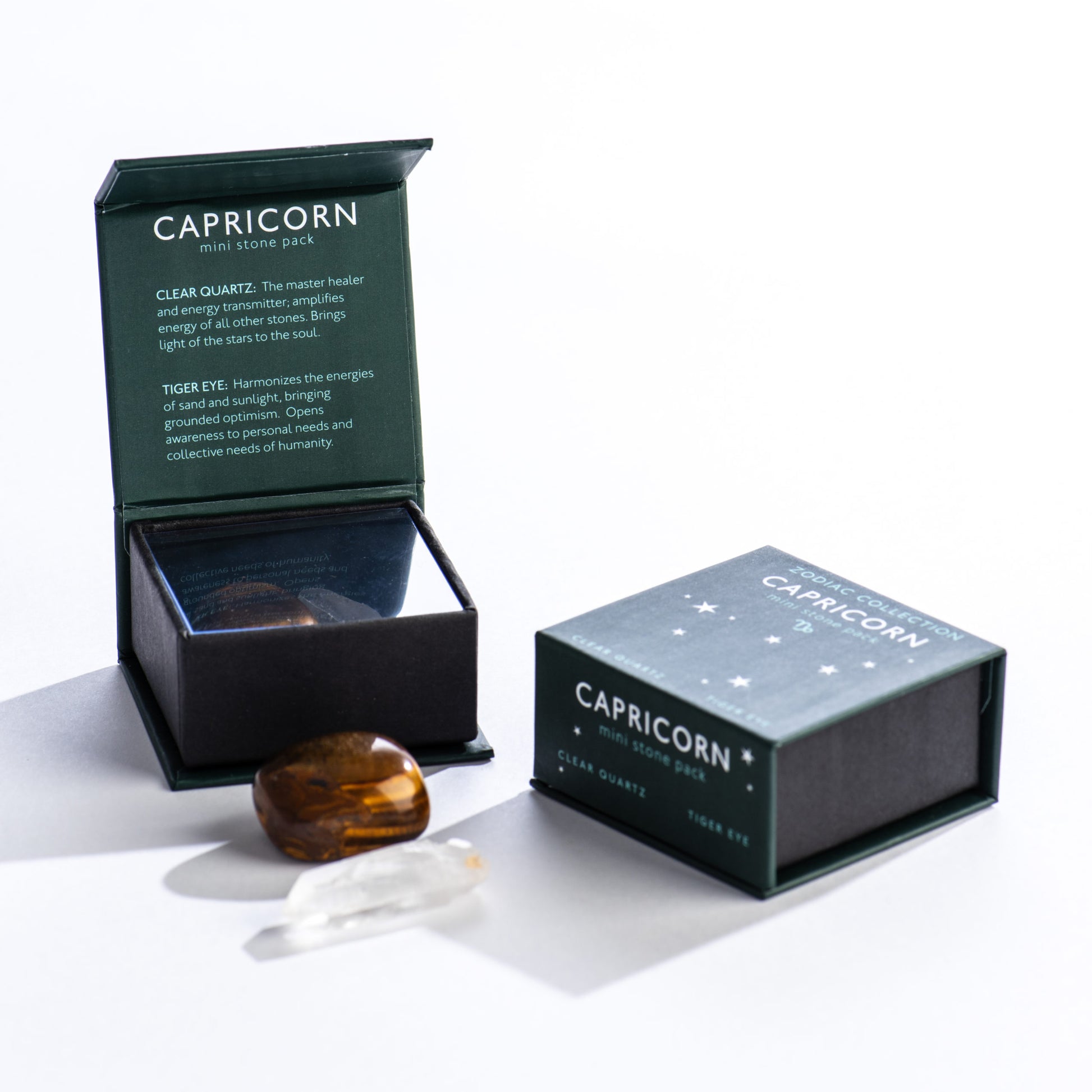 Capricorn Zodiac Mini Stone Pack - Clear Quartz and Tiger Eye in Gift Box - Mellow Monkey