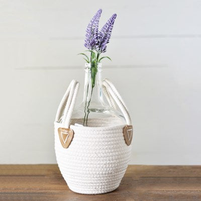 Coastal Rope Fabric Wrapped Double Handled Bottle Vase in Basket - 12-1/2-in - Mellow Monkey
