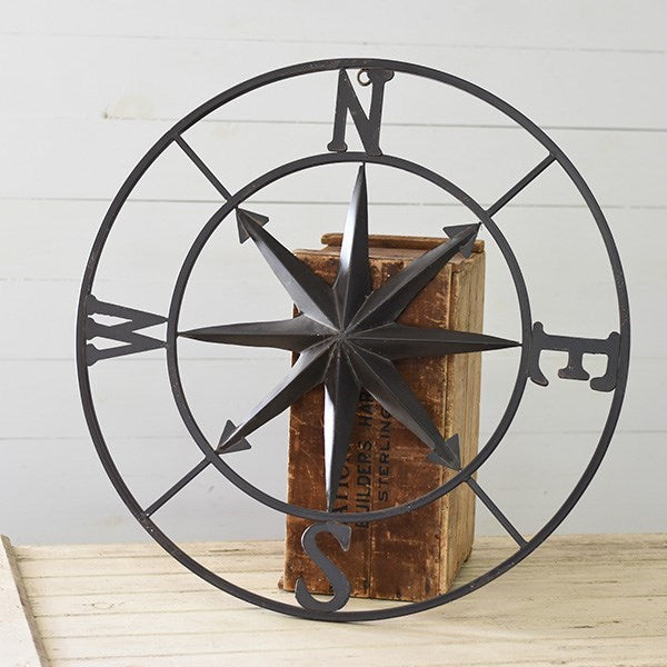 Distressed Antique Black Metal Rose Compass Wall Decor -  30-in - Mellow Monkey