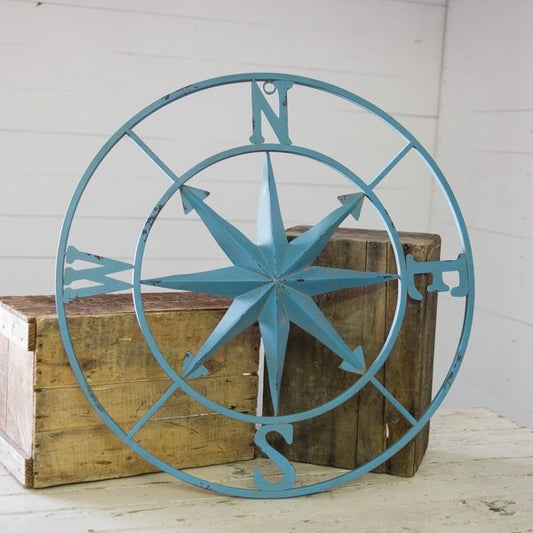 Distressed Antique Aqua Blue Metal Rose Compass Wall Decor -  30-in - Mellow Monkey